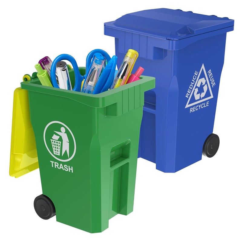 Wiosi Mini Garbage Trash Pen Holder for Desk, Pack of 2, Blue & Green, Tiny Recycle Bin Pencil Holder | Storage for Pencils & Pens | Office Stationery to Organize The Desk | Ideal for Student Work - Image 1